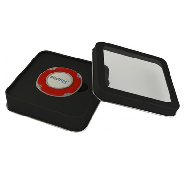 TimeForGolf - Pitchfix dárkové balení - čtvercová plechová krabička s průhledným víkem na žeton